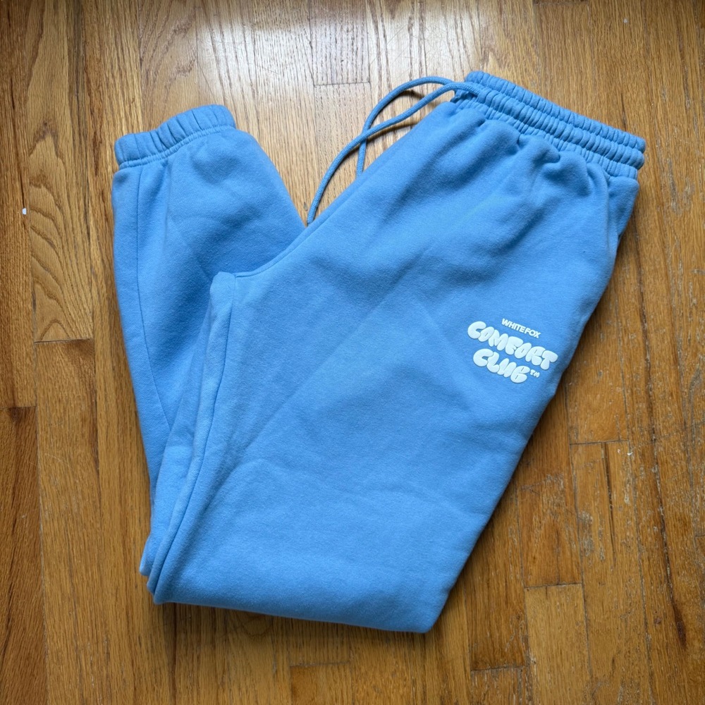 White Fox Comfort Club Sweatpants M Baby Blue Puff Logo Baggy Joggers